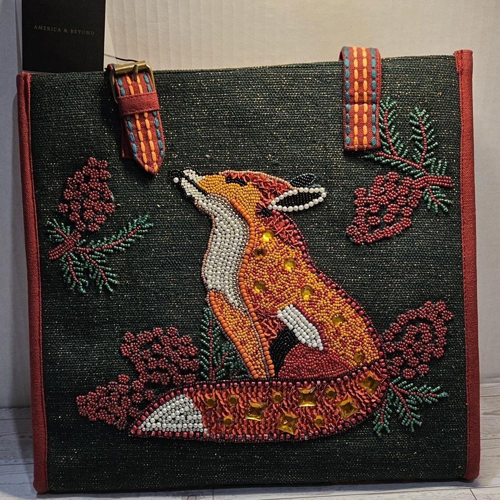 Artistic Beaded Fox Tote Bag - Red and Green - Picture 2 of 7